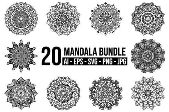 20 Circular Black and White Mandalas for Graphics and Illustrations