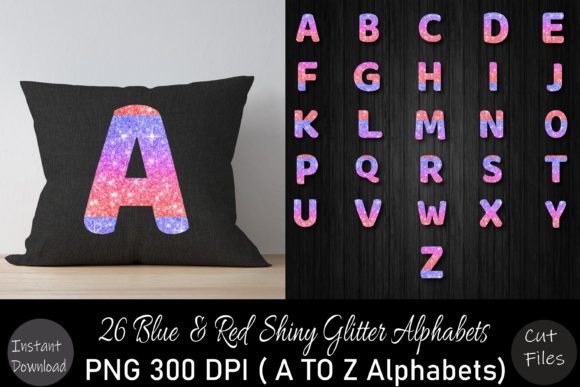 Blue Red Glitter a to Z Alphabets Set for Graphics and Crafts