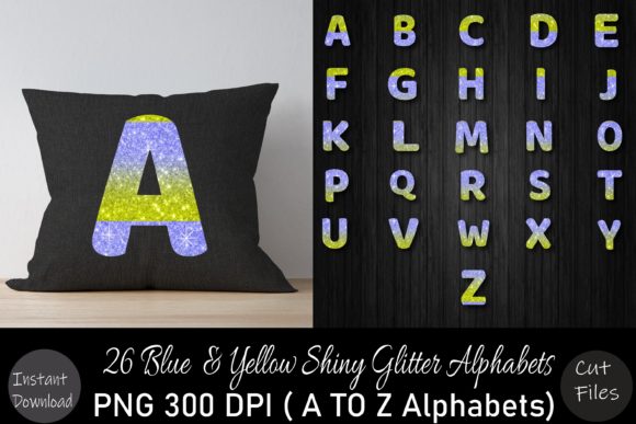 Blue Yellow Glitter a to Z Alphabets Set Graphics for Crafts and Publishing